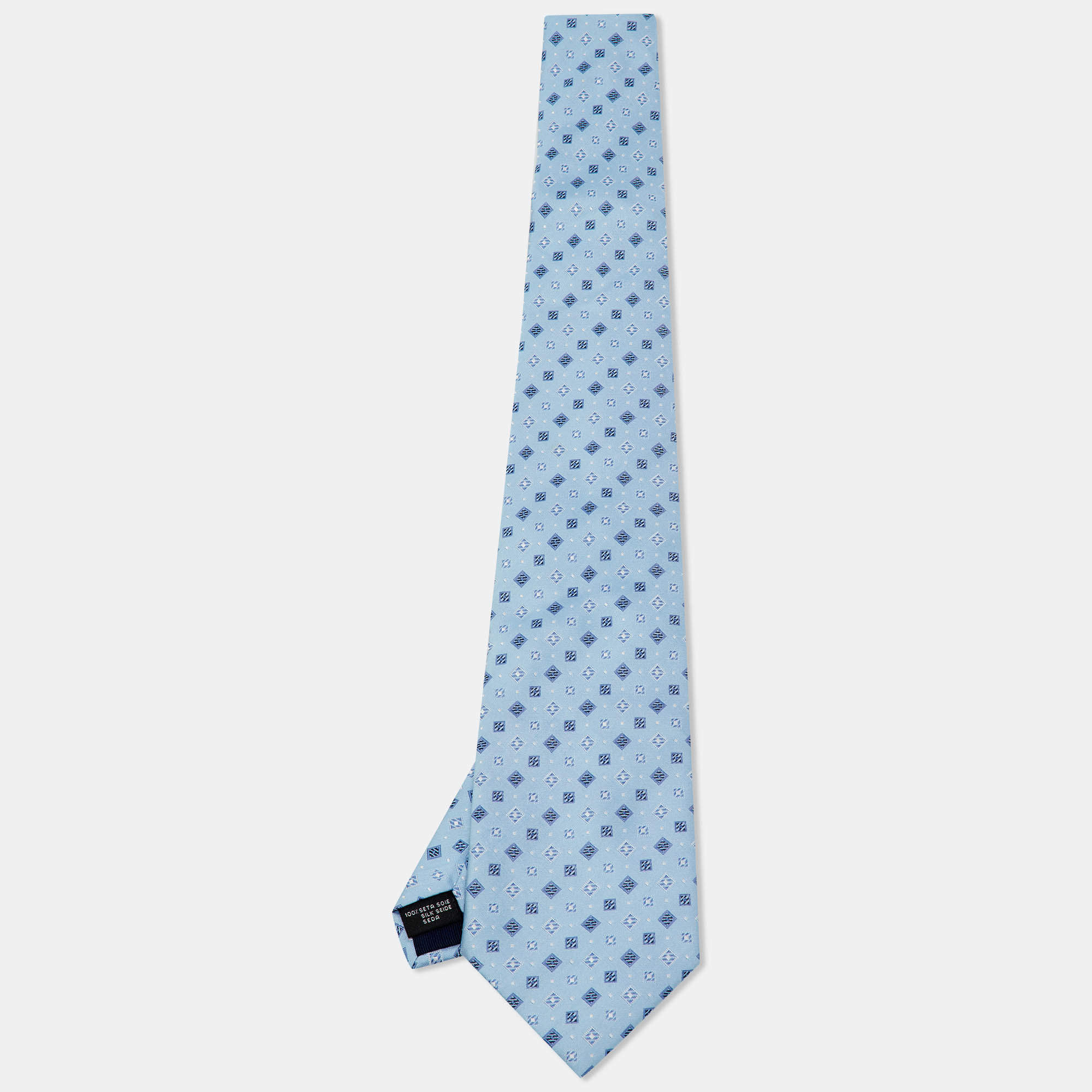 Pre Owned Ermenegildo Zegna Blue Geometric Jacquard Silk Traditional Tie