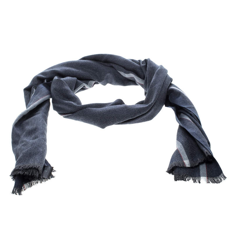 Pre Owned Ermenegildo Zegna Blue and Grey Herringbone Pattern Silk Fringed Edge Scarf