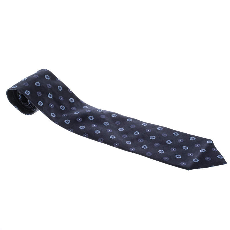 Ermenegildo Zegna Navy Blue Floral Pattern Silk Jacquard Tie