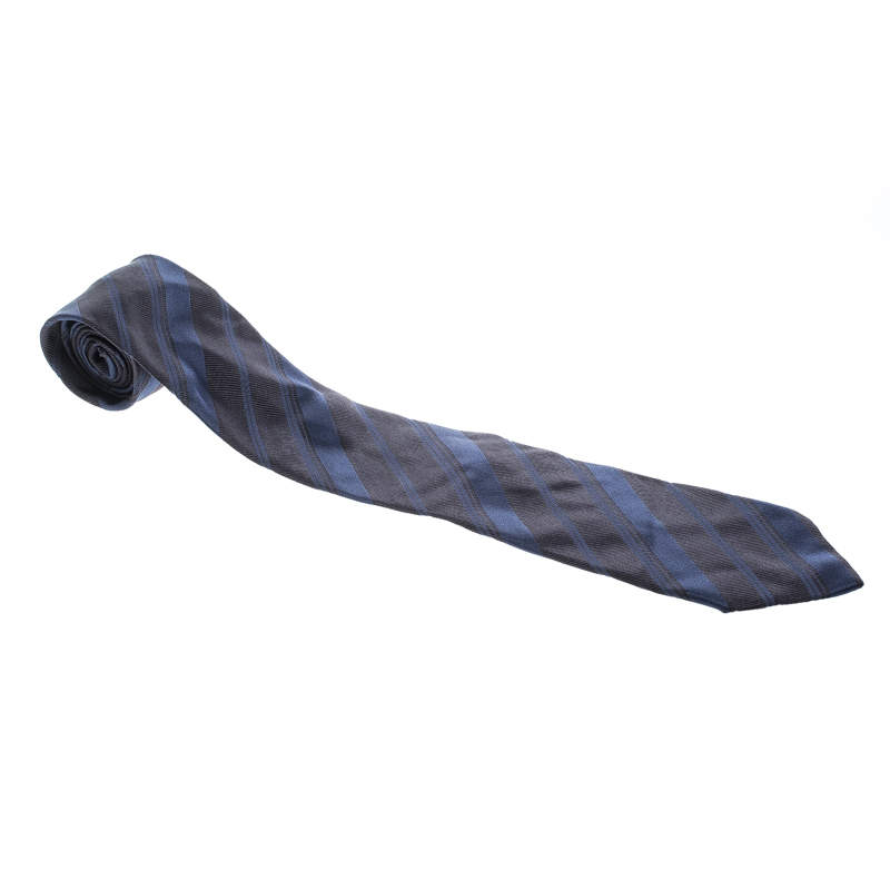 Ermenegildo Zegna Blue Diagonal Striped Cotton and Silk Jacquard Traditional Tie