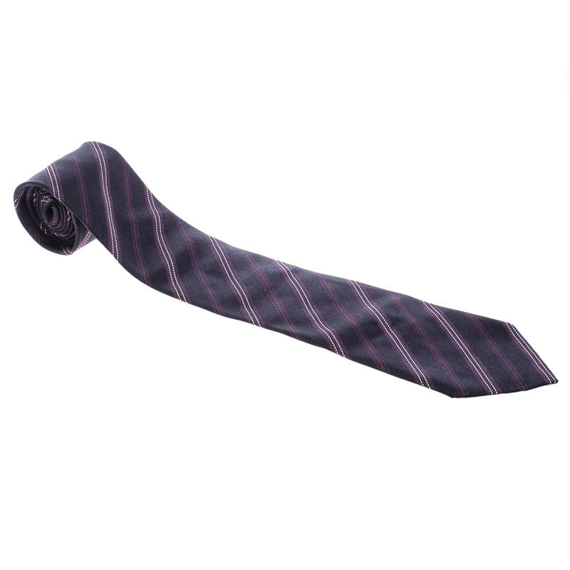 Pre Owned Ermenegildo Zegna Navy Blue and Purple Diagonal Striped Silk Jacquard Tie