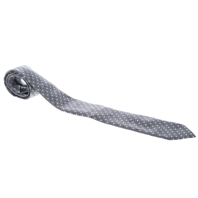 Pre Owned Ermenegildo Zegna Grey and Black Dotted Silk Jacquard Tie
