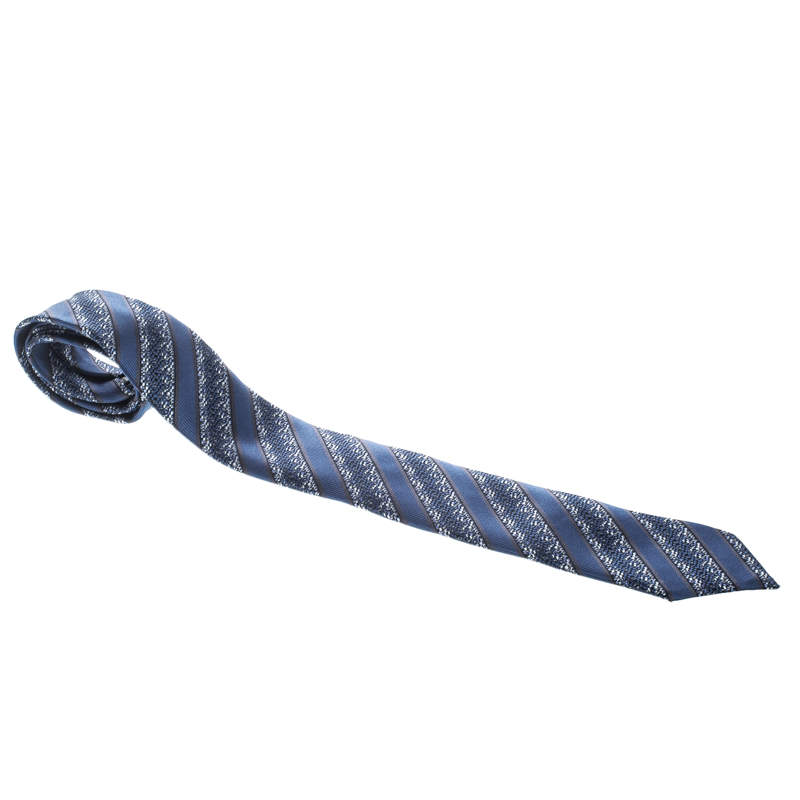 Pre Owned Ermenegildo Zegna Teal Striped Patterned Silk Jacquard Tie
