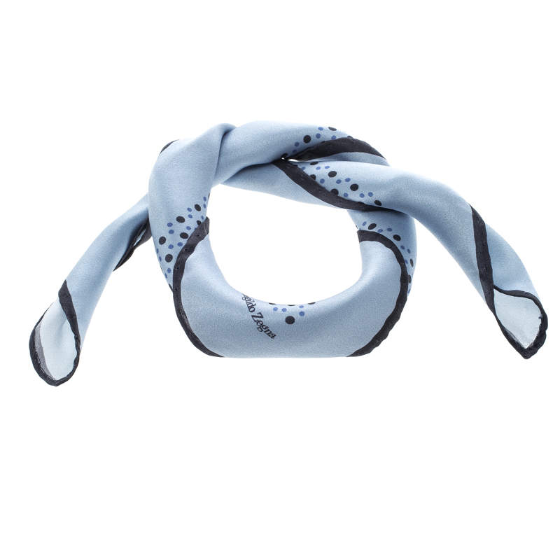 Pre Owned Ermenegildo Zegna Powder Blue Polka Dotted Silk Pocket Square