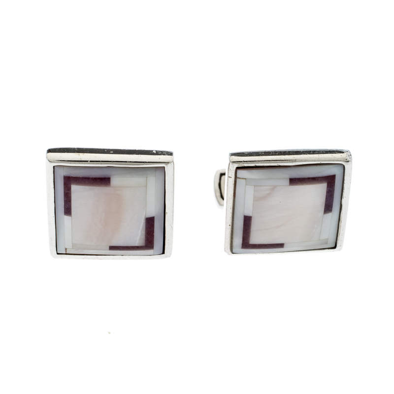 Ermenegildo Zegna Mother of Pearl Inlay Silver Square Cufflinks