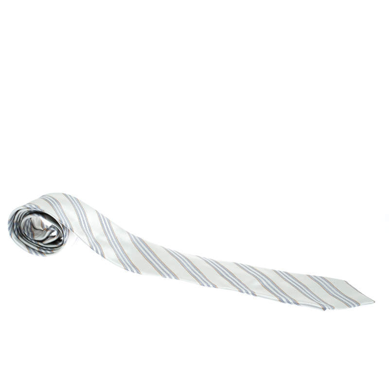 Ermenegildo Zegna Couture Grey and Blue Diagonal Striped Silk Traditional Tie