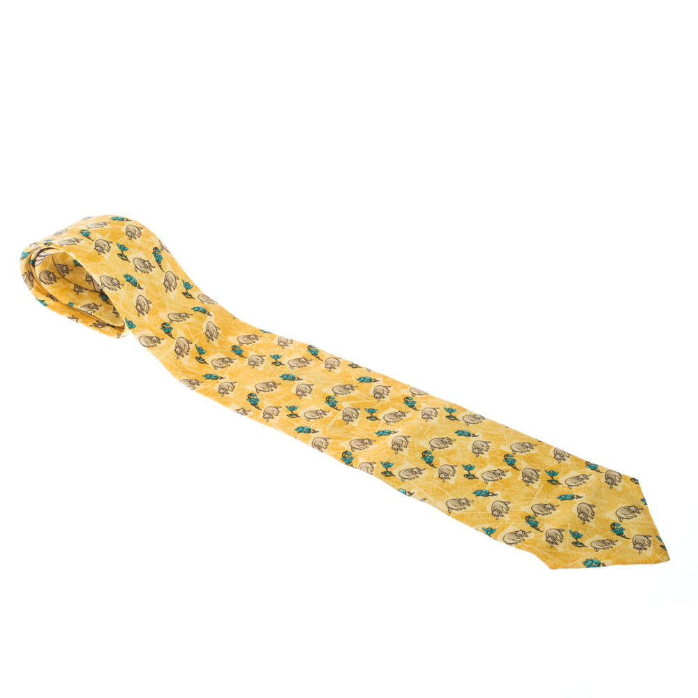 Pre Owned Ermenegildo Zegna Yellow Fox Print Silk Traditional Tie 