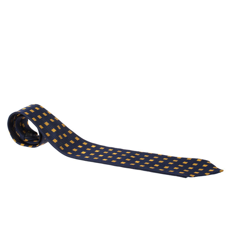 Pre Owned Ermenegildo Zegna Vintage Navy Blue Geometric Jacquard Silk Tie