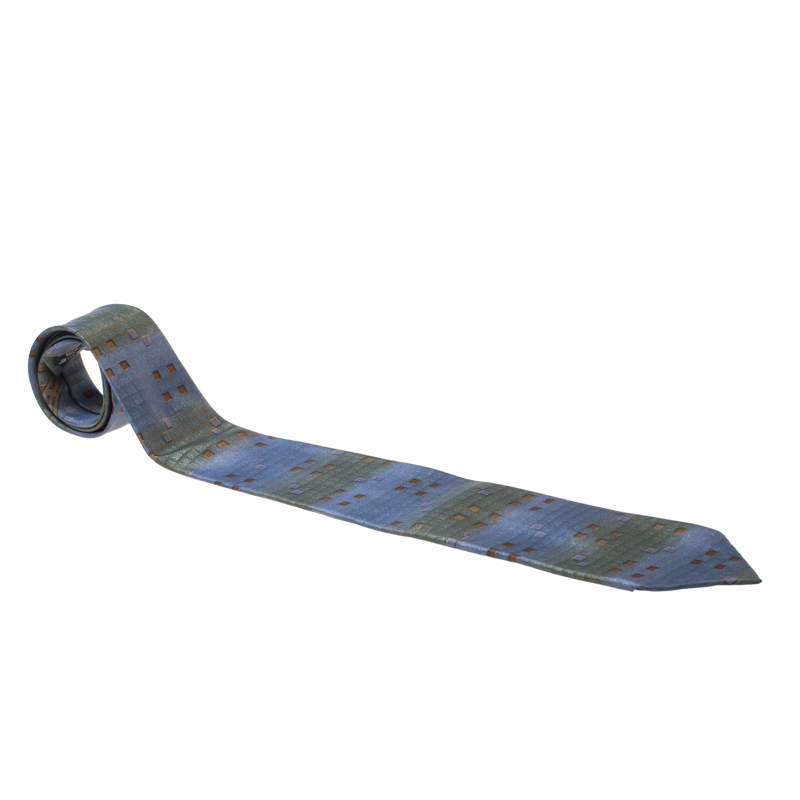 Pre Owned Ermenegildo Zegna Vintage Blue Geometric Foil Print Silk Tie