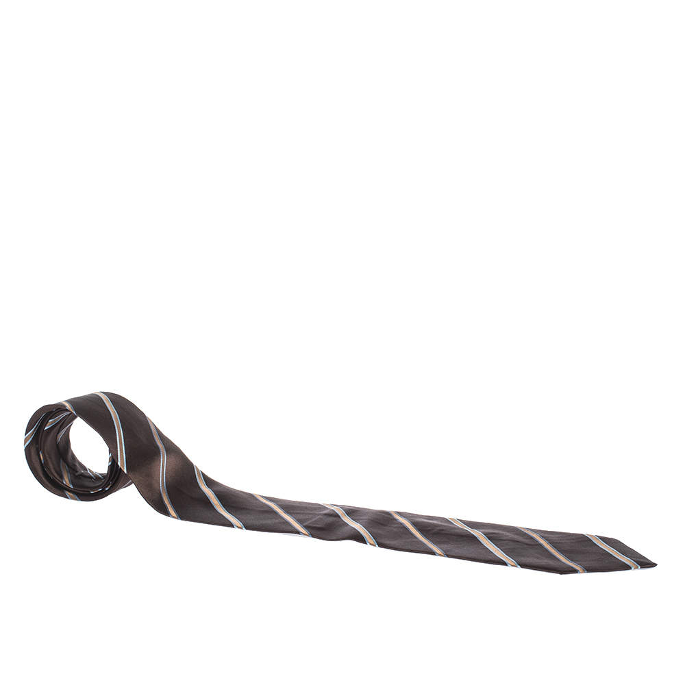Ermenegildo Zegna Brown Diagonal Striped Traditional Silk Tie