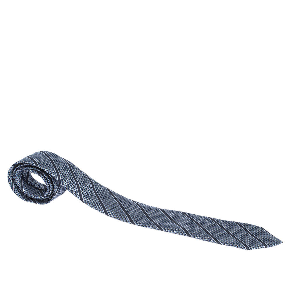 مملوكة مسبقًا Ermenegildo Zegna Navy Blue Diagonal Patterned Silk Jacquard Tie