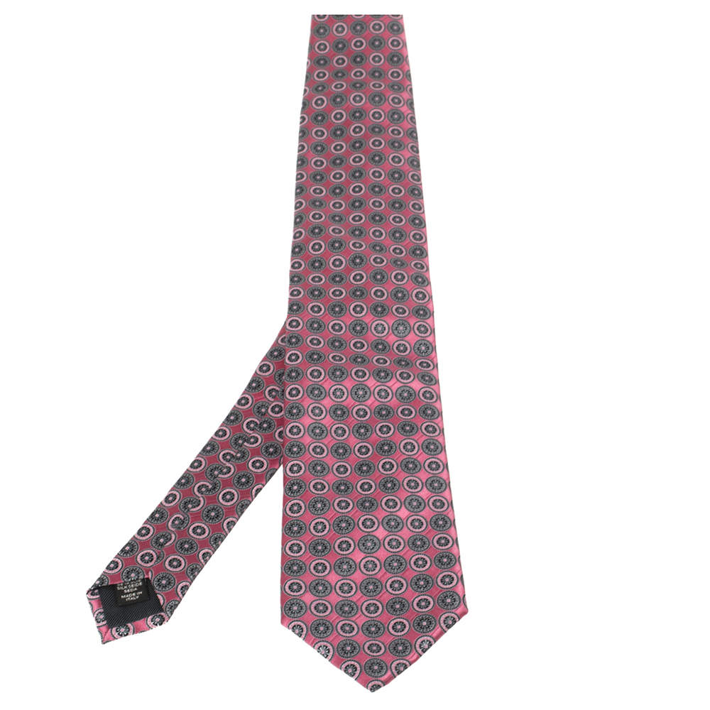 Pre Owned Ermenegildo Zegna Pink Geometric Floral Patterned Silk Tie