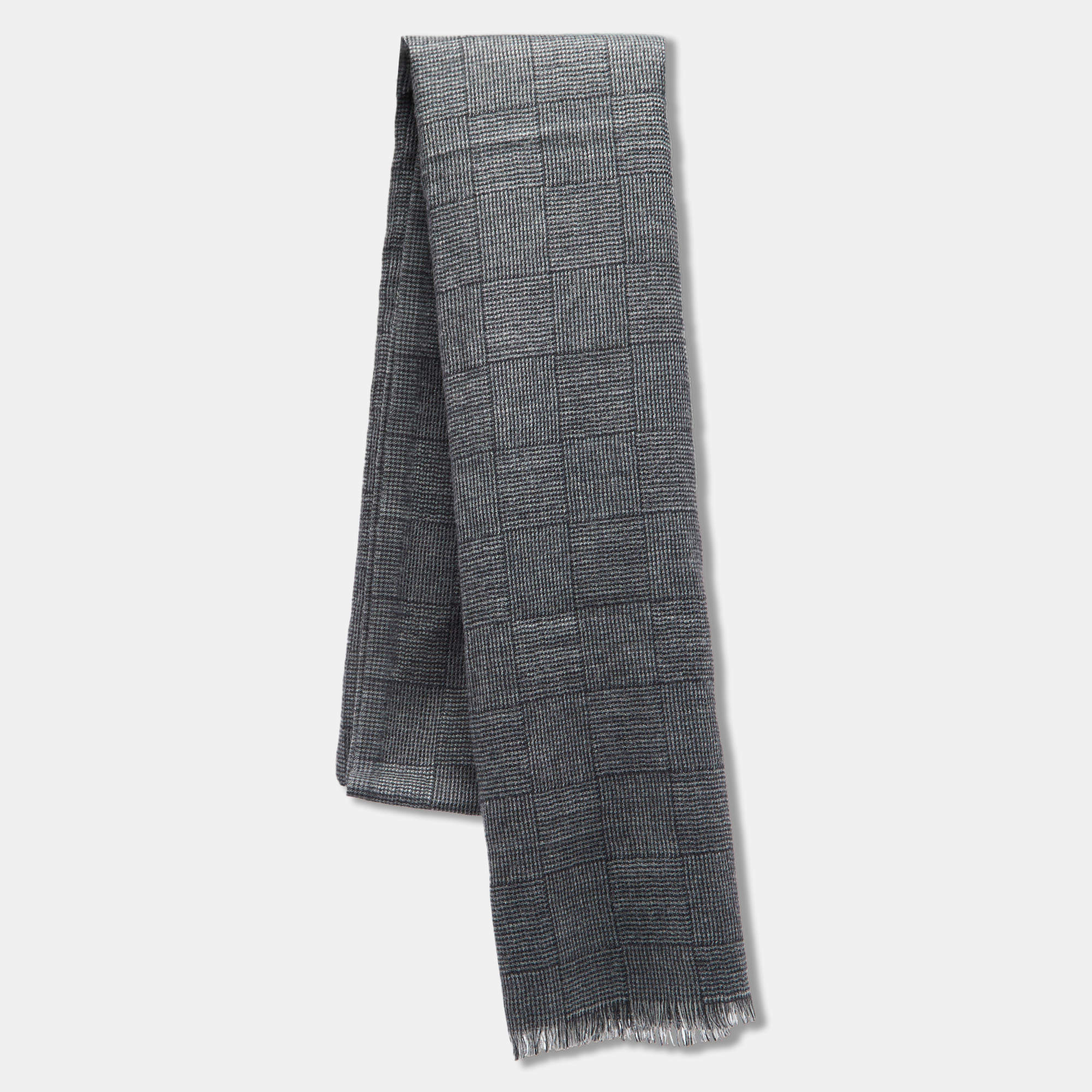 Pre Owned Ermenegildo Zegna Grey Basket Weave Check Cashmere Scarf