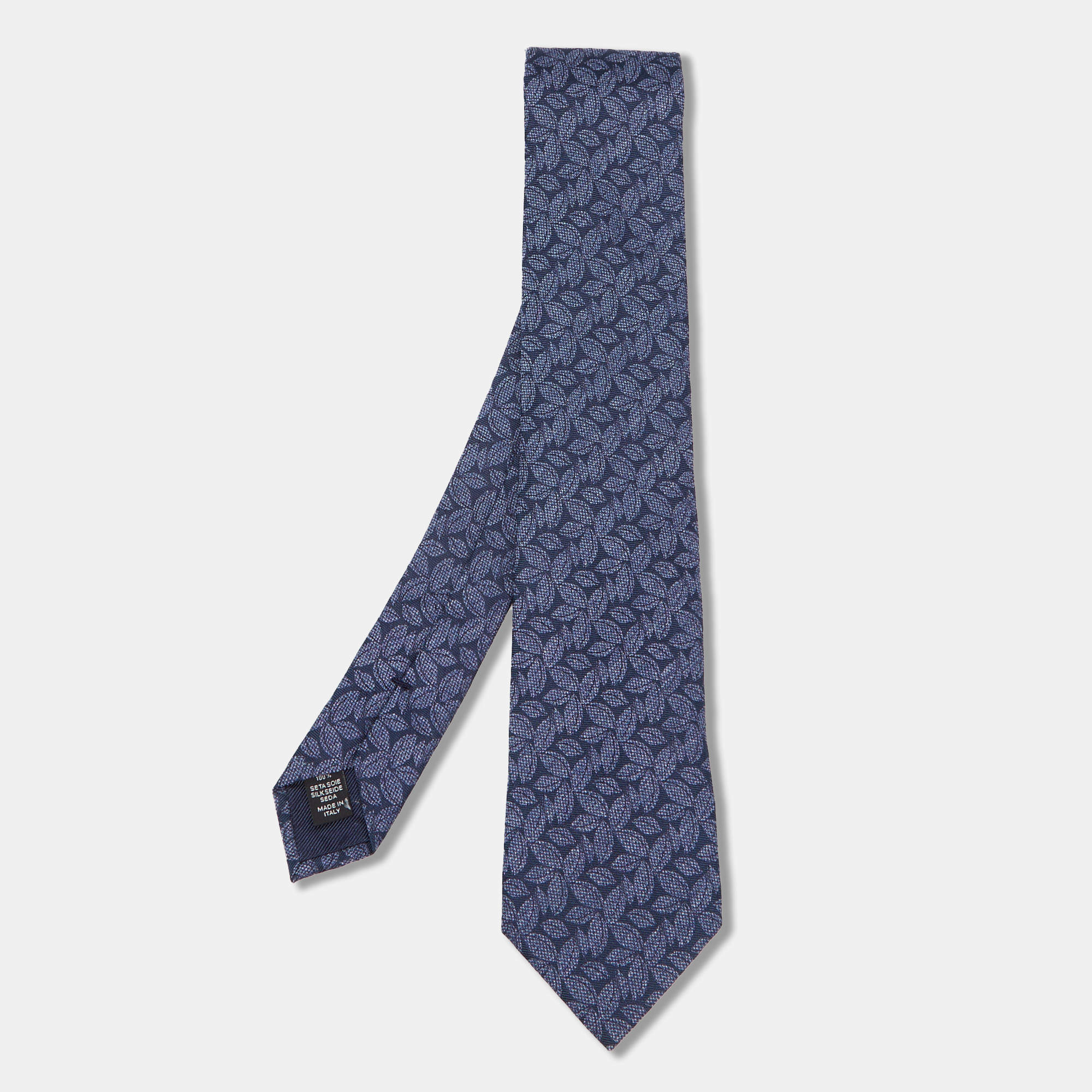 Pre Owned Ermenegildo Zegna Blue Leaf Motif Jacquard Silk Tie