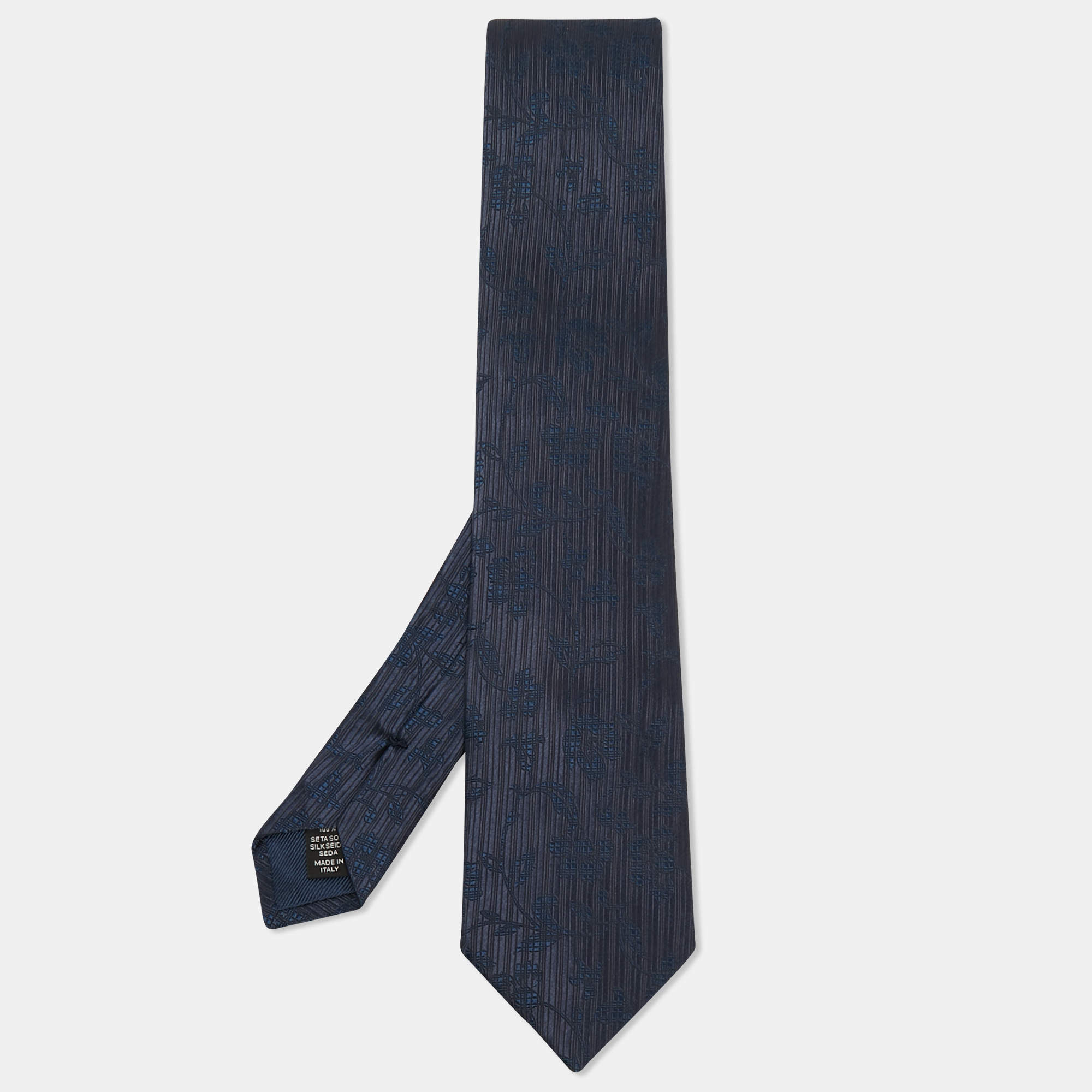 Pre Owned Ermenegildo Zegna Navy Blue Floral Patterned Silk Tie