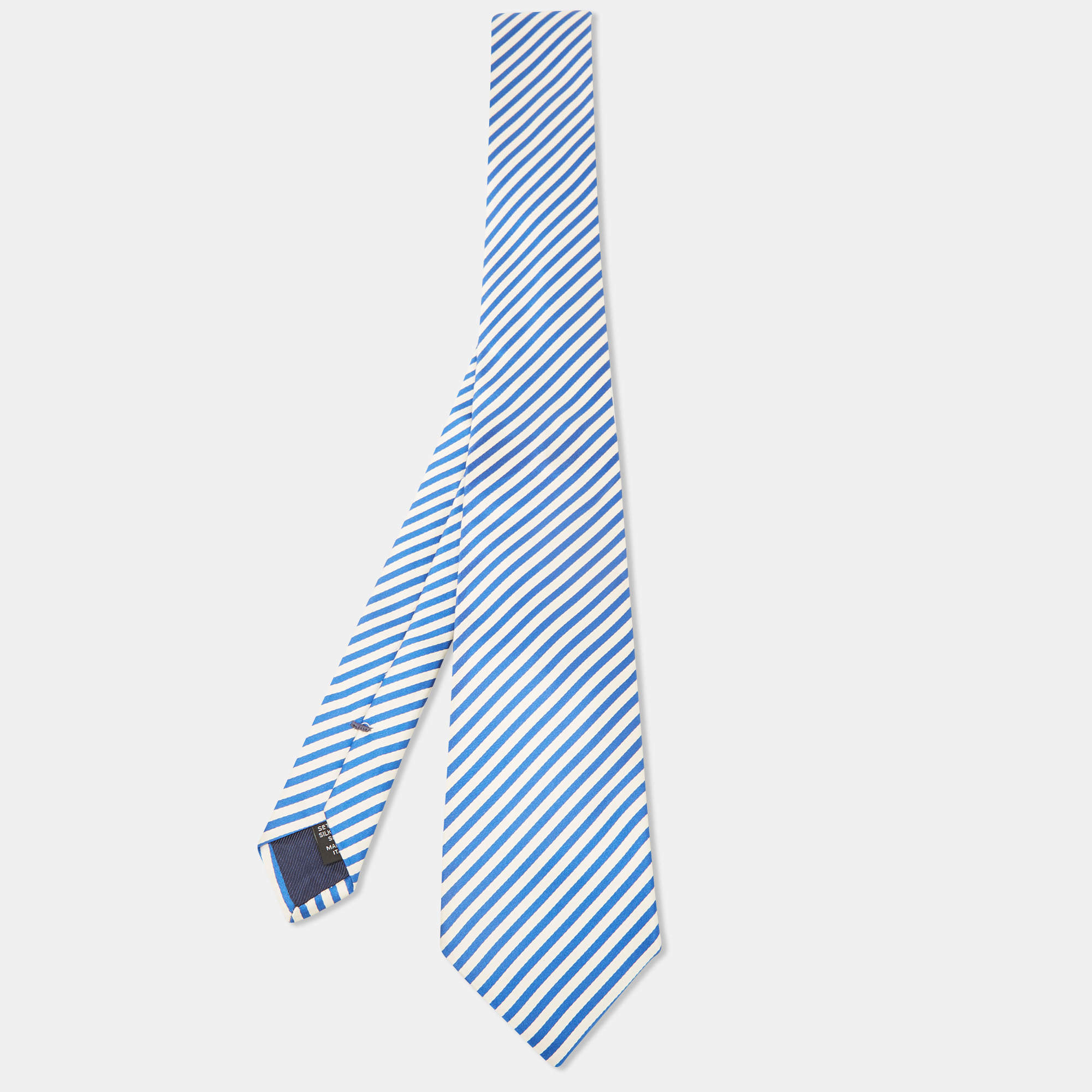 مملوكة مسبقًا Ermenegildo Zegna White/Blue Striped Silk Satin Tie