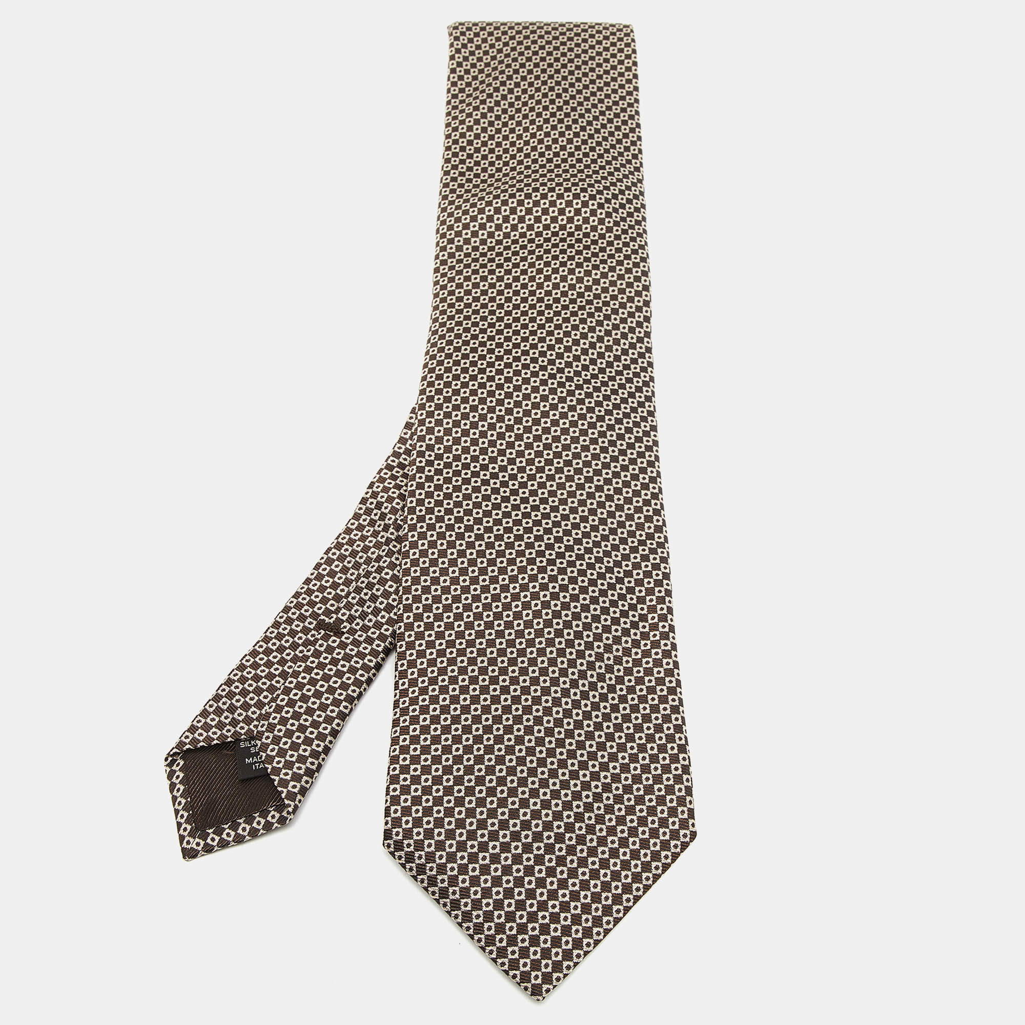 Ermenegildo Zegna Brown/White Square Pattern Jacquard Silk Tie