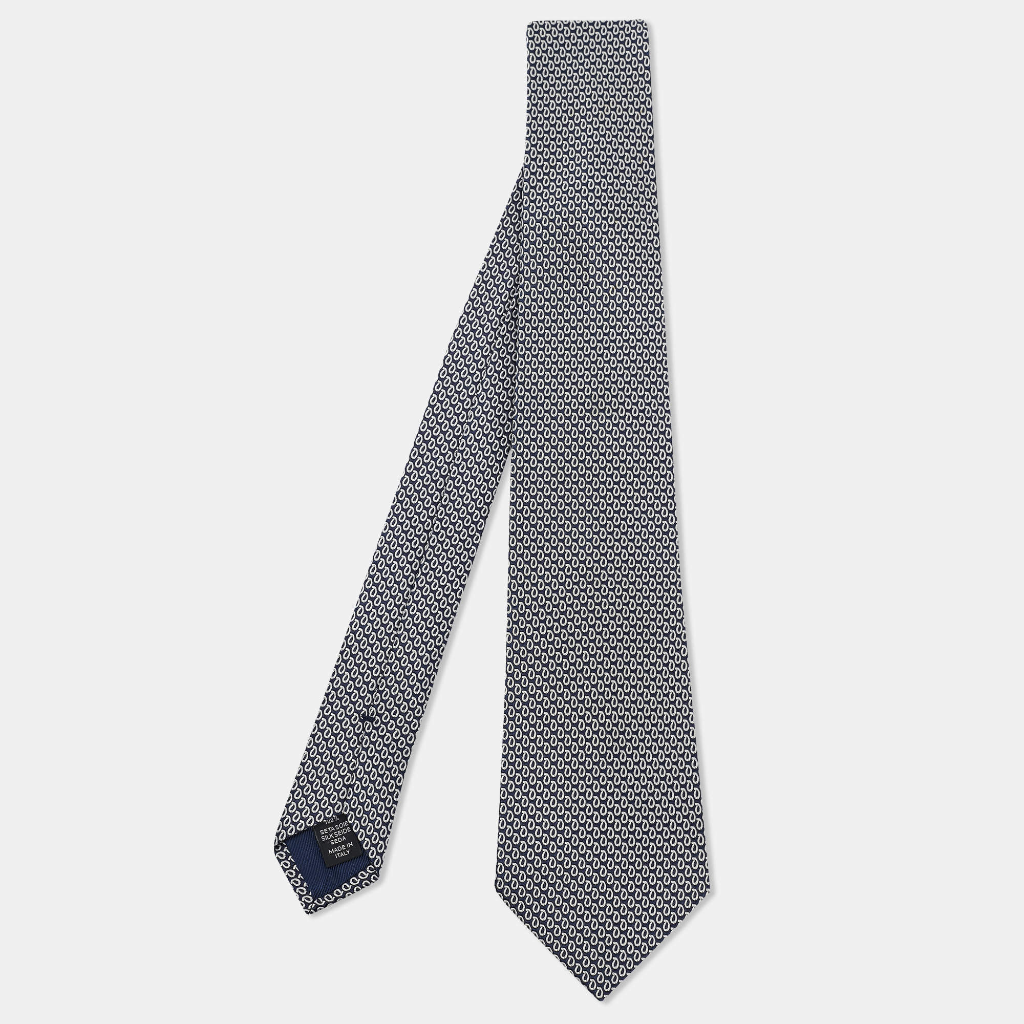 Ermenegildo Zegna Navy Blue/White Jacquard Silk Tie