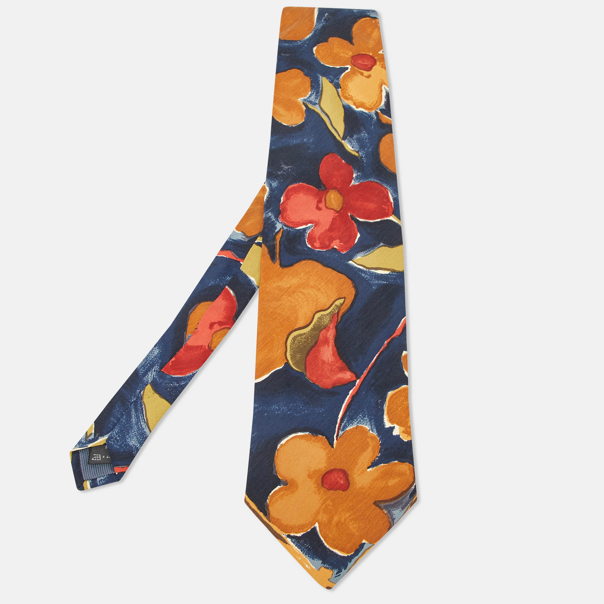 Pre Owned Ermenegildo Zegna Navy Blue Floral Paint Print Silk Traditional Tie