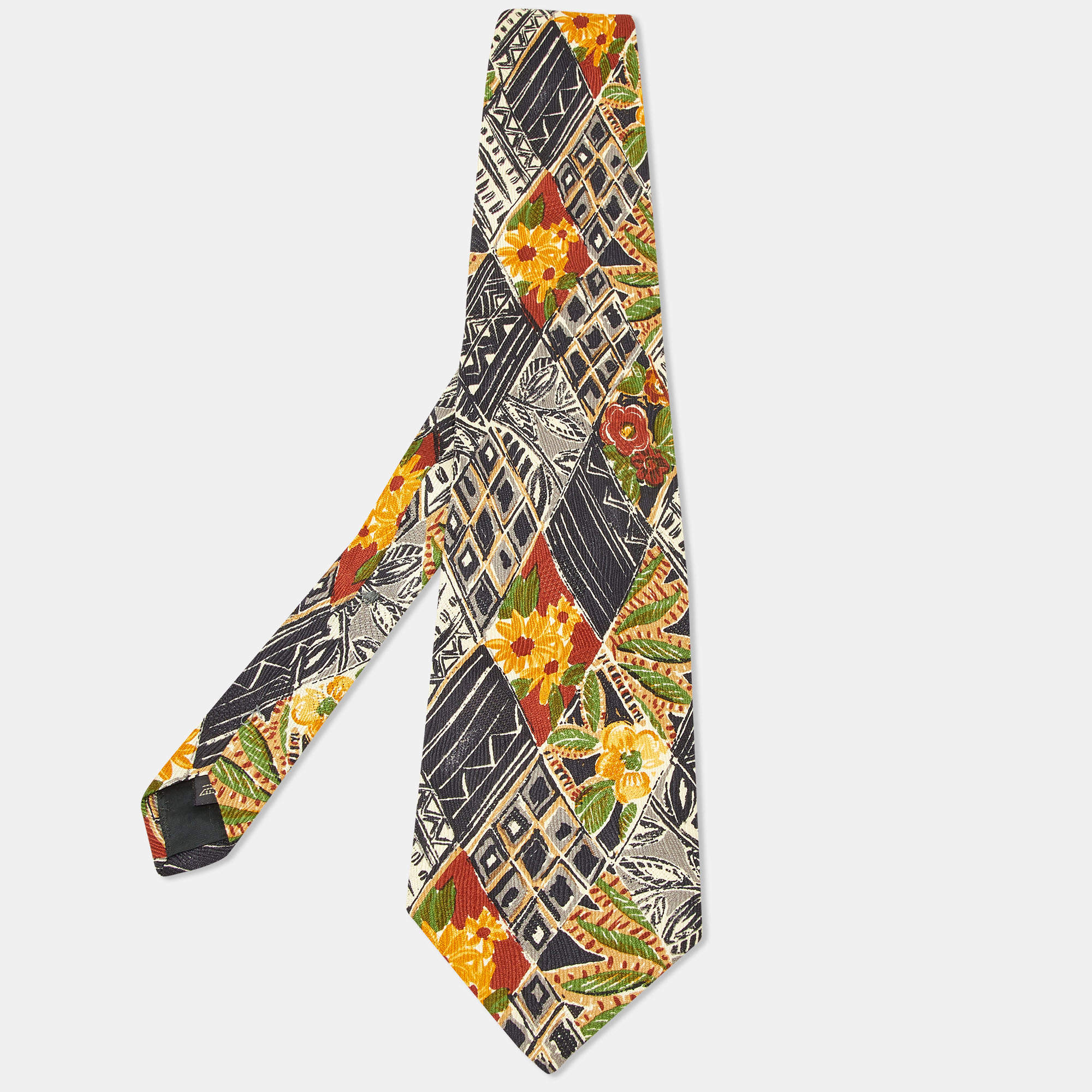 Pre Owned Ermenegildo Zegna Vintage Black Floral Print Silk Traditional Tie