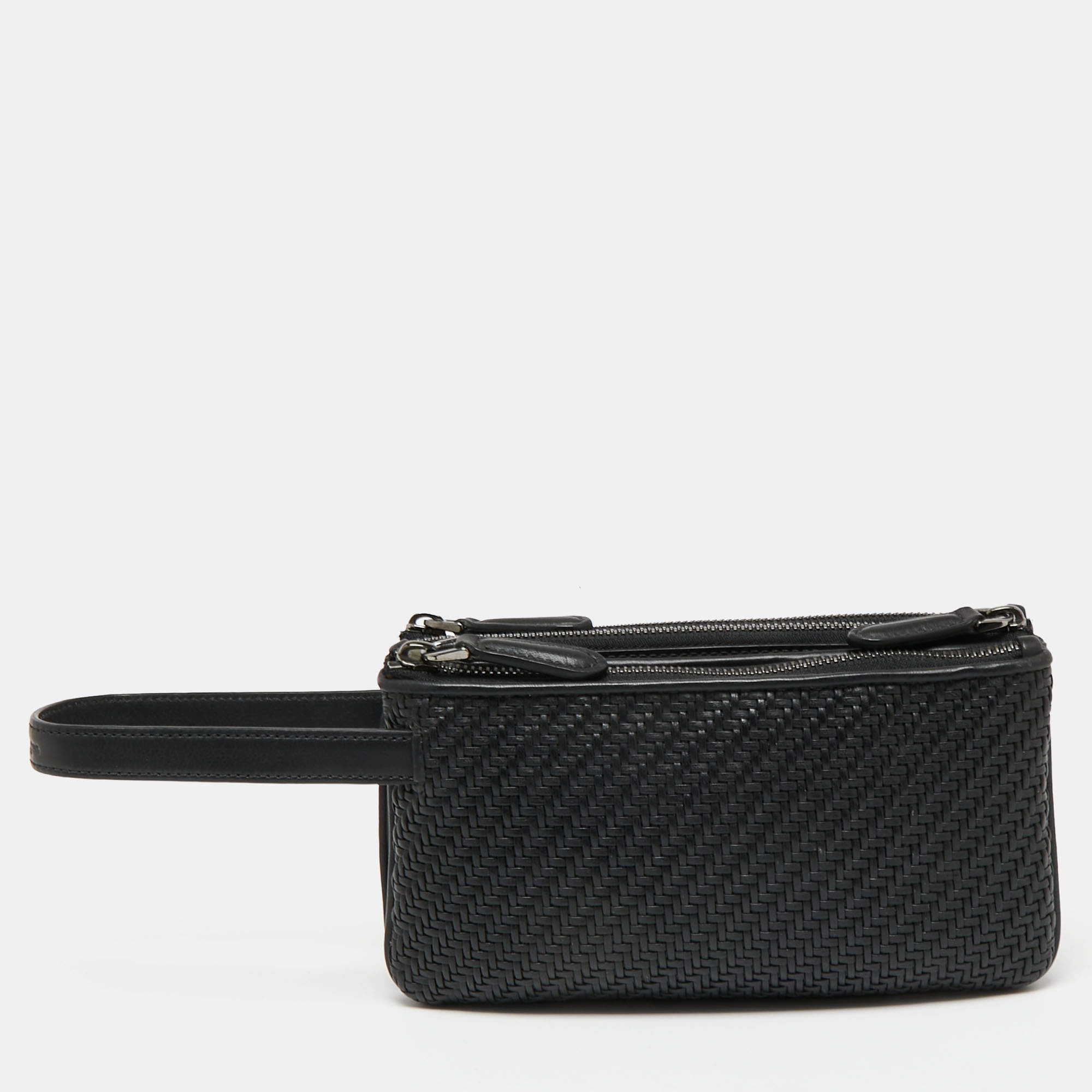 Pre Owned Ermenegildo Zegna Black Woven Leather Pelletessuta Zip Pouch