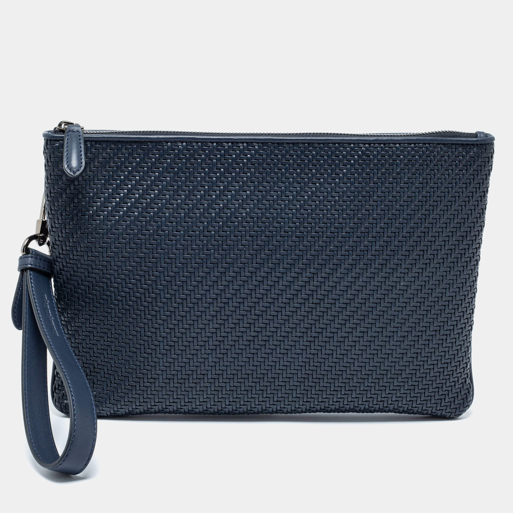 Ermenegildo Zegna Navy Blue Woven Leather Wristlet Pouch