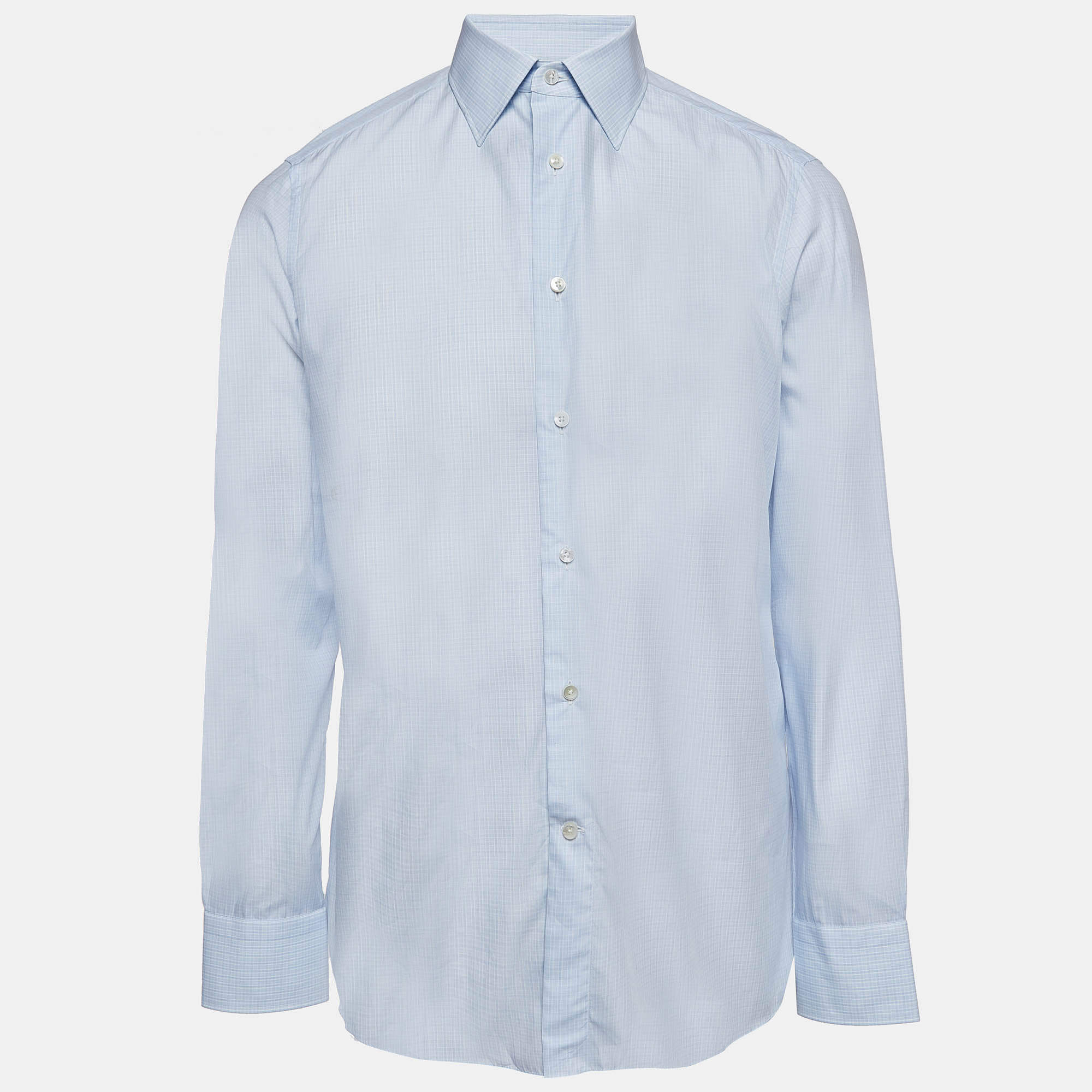 مملوكة مسبقًا Ermenegildo Zegna Plaid Cotton Blue Button Up Shirt L