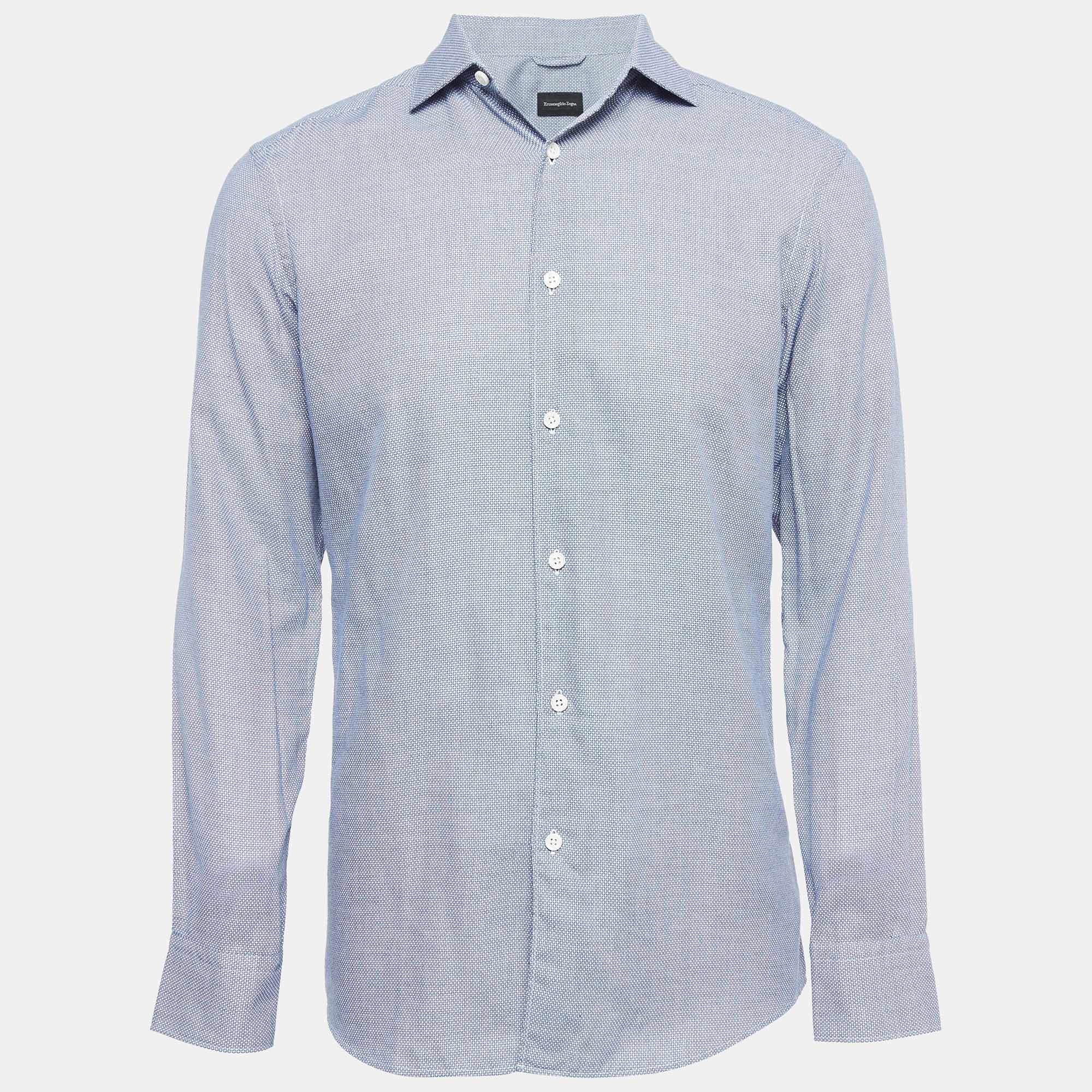 Pre Owned Ermenegildo Zegna Blue Patterned Cotton Button Down Shirt S