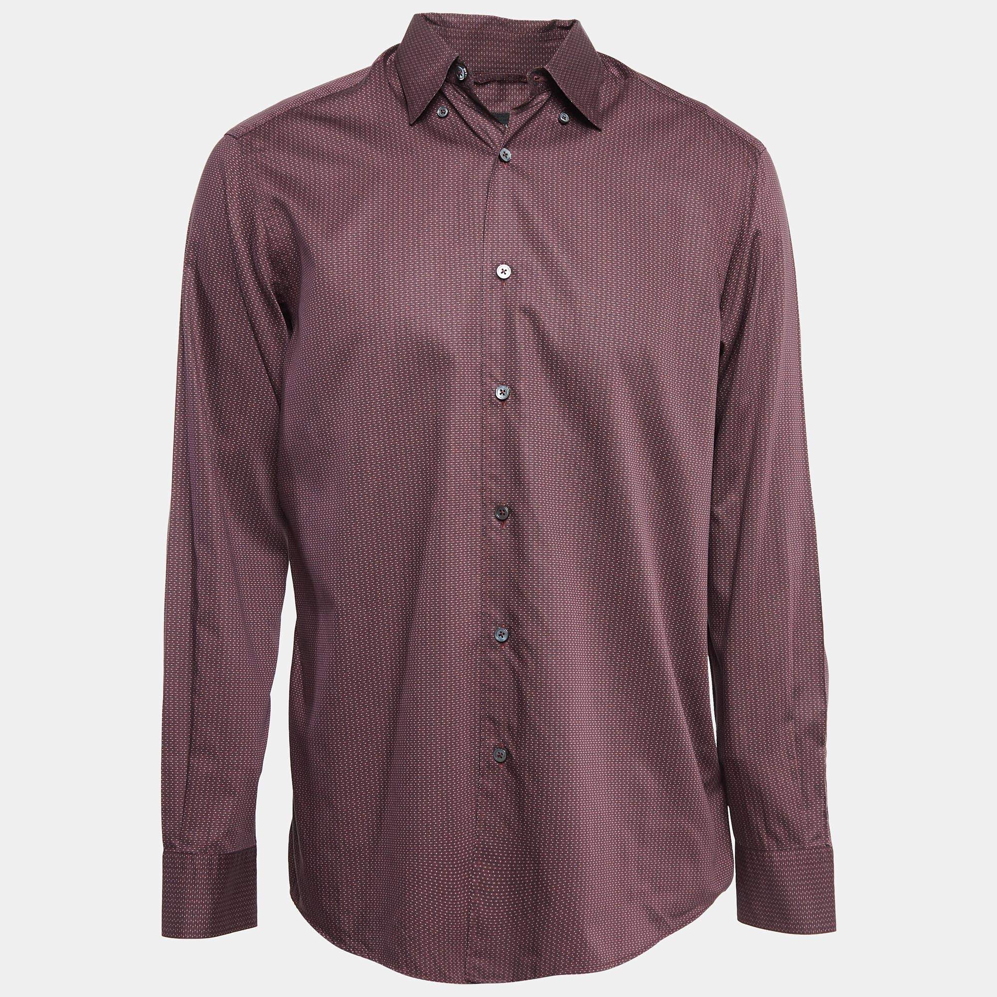 Ermenegildo Zegna Burgundy Printed Cotton Button Down Shirt L