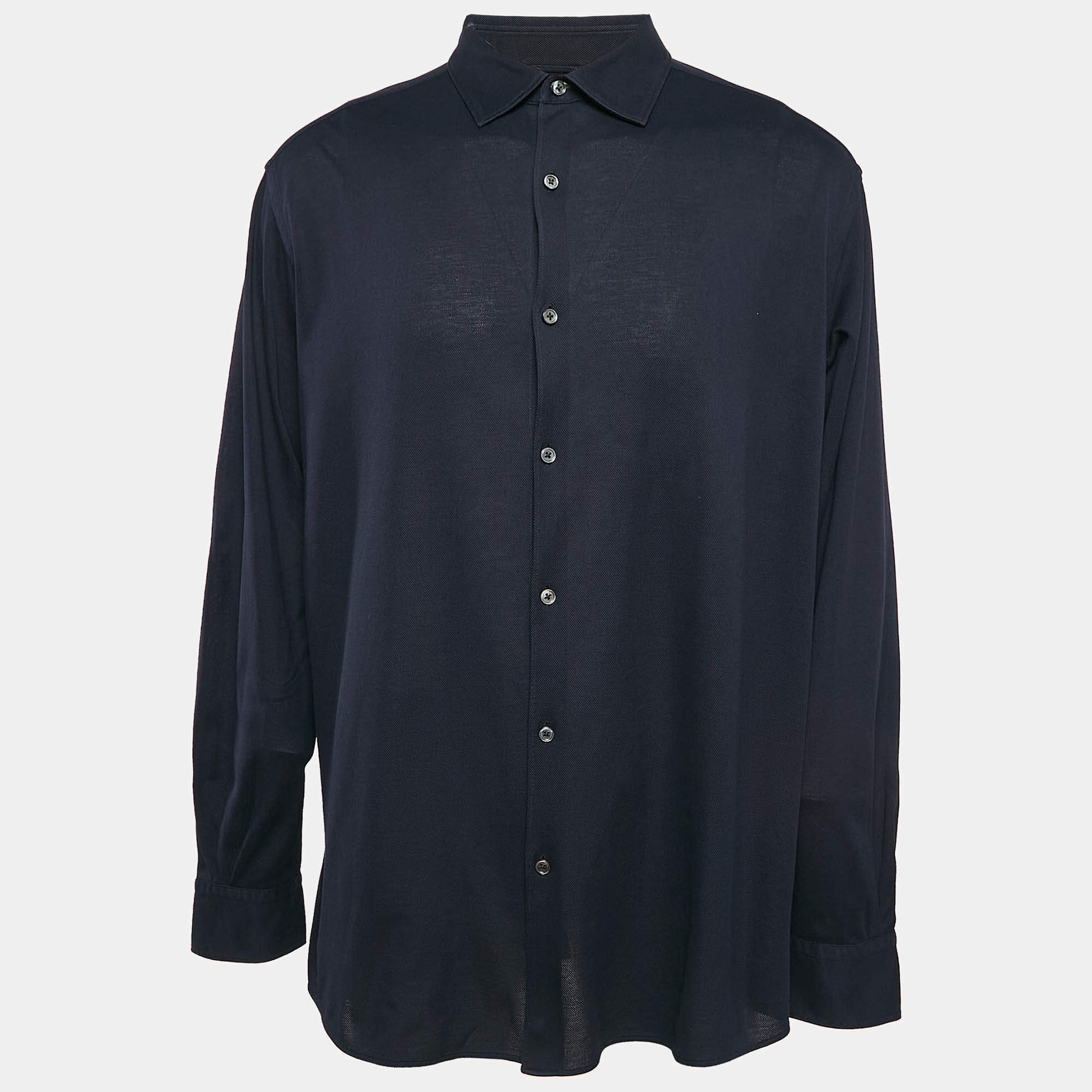 Pre Owned Ermenegildo Zegna Navy Blue Cotton Pique Button Front Shirt XXL