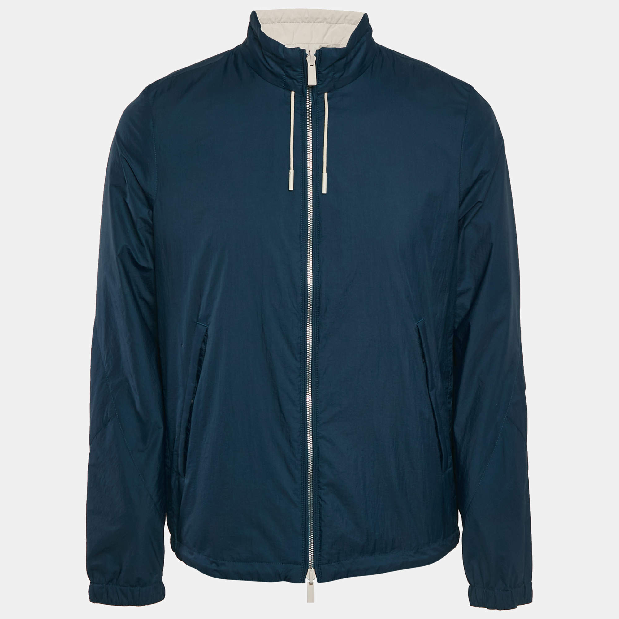 Pre Owned Ermenegildo Zegna Blue/Beige Nylon Zip-Up Reversible Jacket L