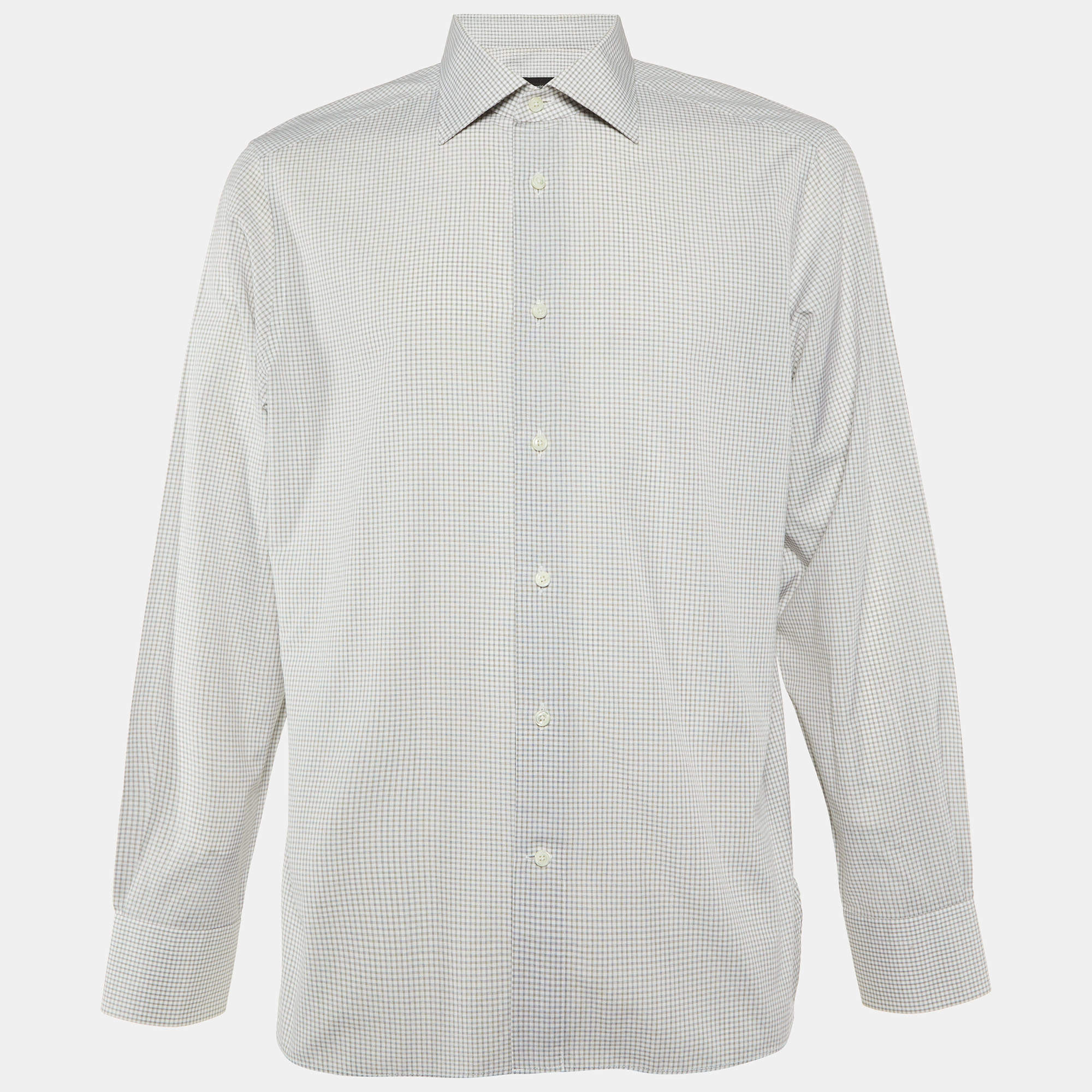Ermenegildo Zegna White Check Pattern Cotton Tailored Fit Shirt M