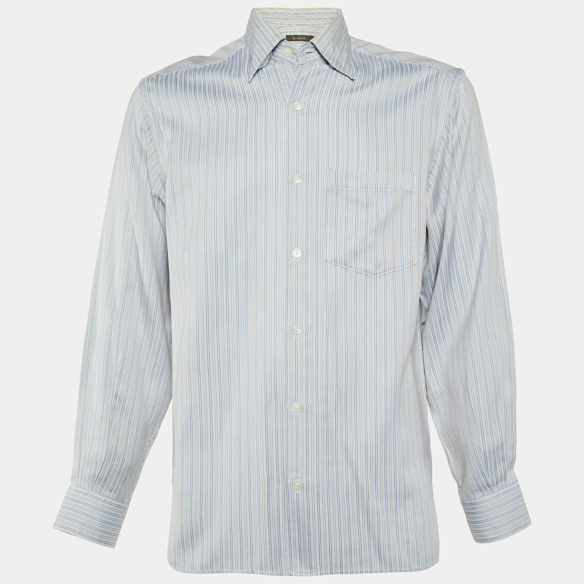 Pre Owned Ermenegildo Zegna Light Blue Striped Cotton Long Sleeve Shirt M