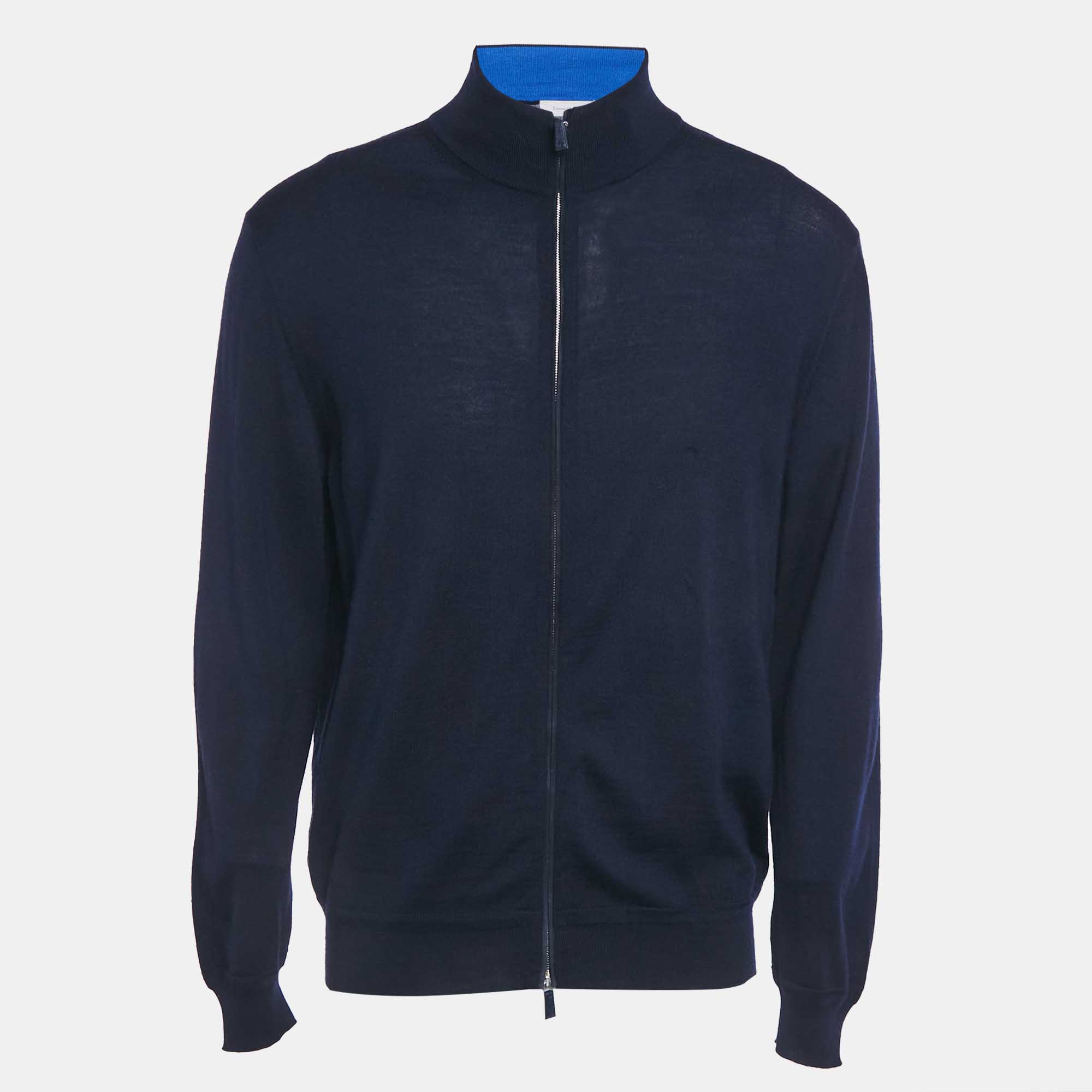 Pre Owned Ermenegildo Zegna Navy Blue Wool Zip-Up Cardigan L