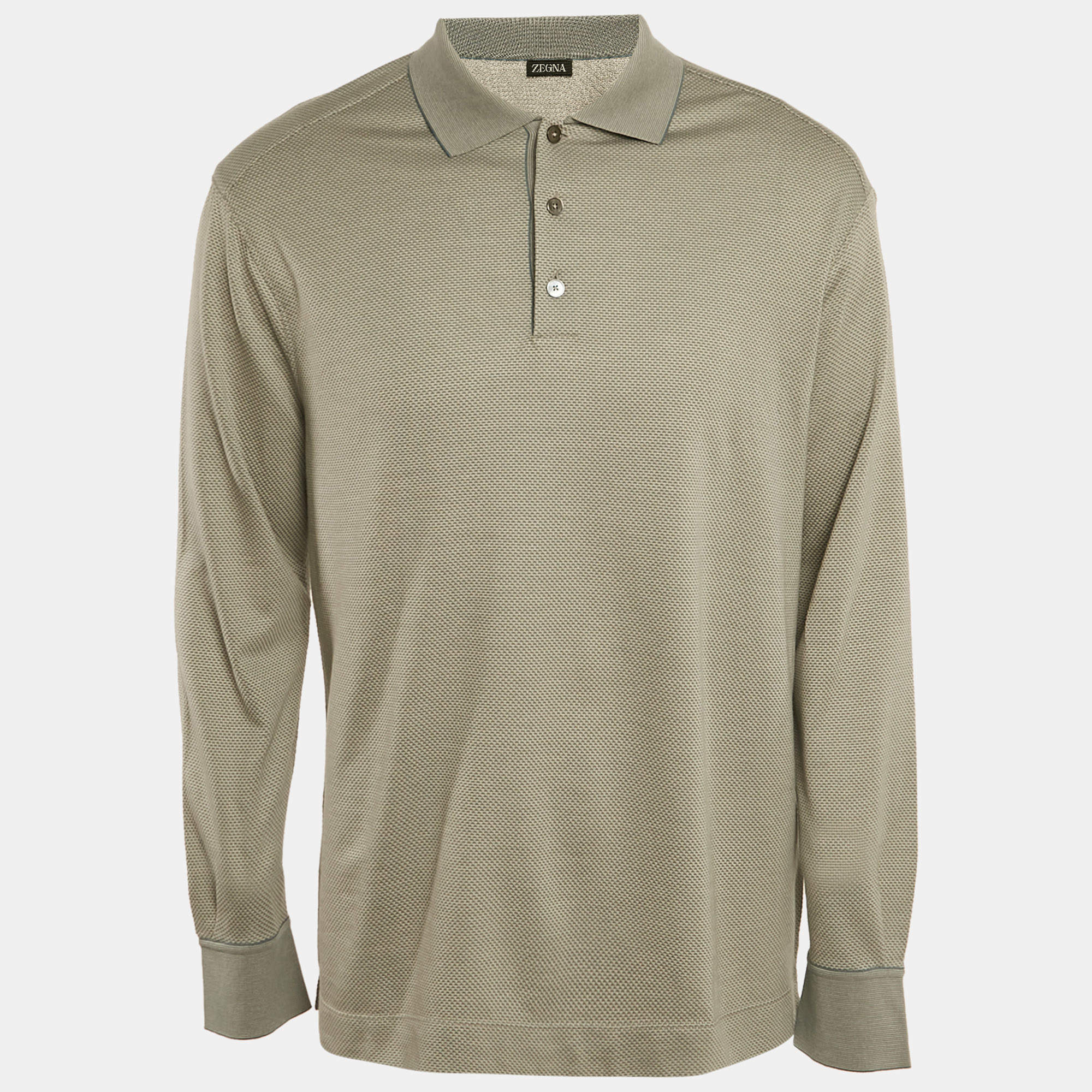 Pre Owned Zegna Grey Cotton & Silk Knit Long Sleeve Polo T-Shirt L