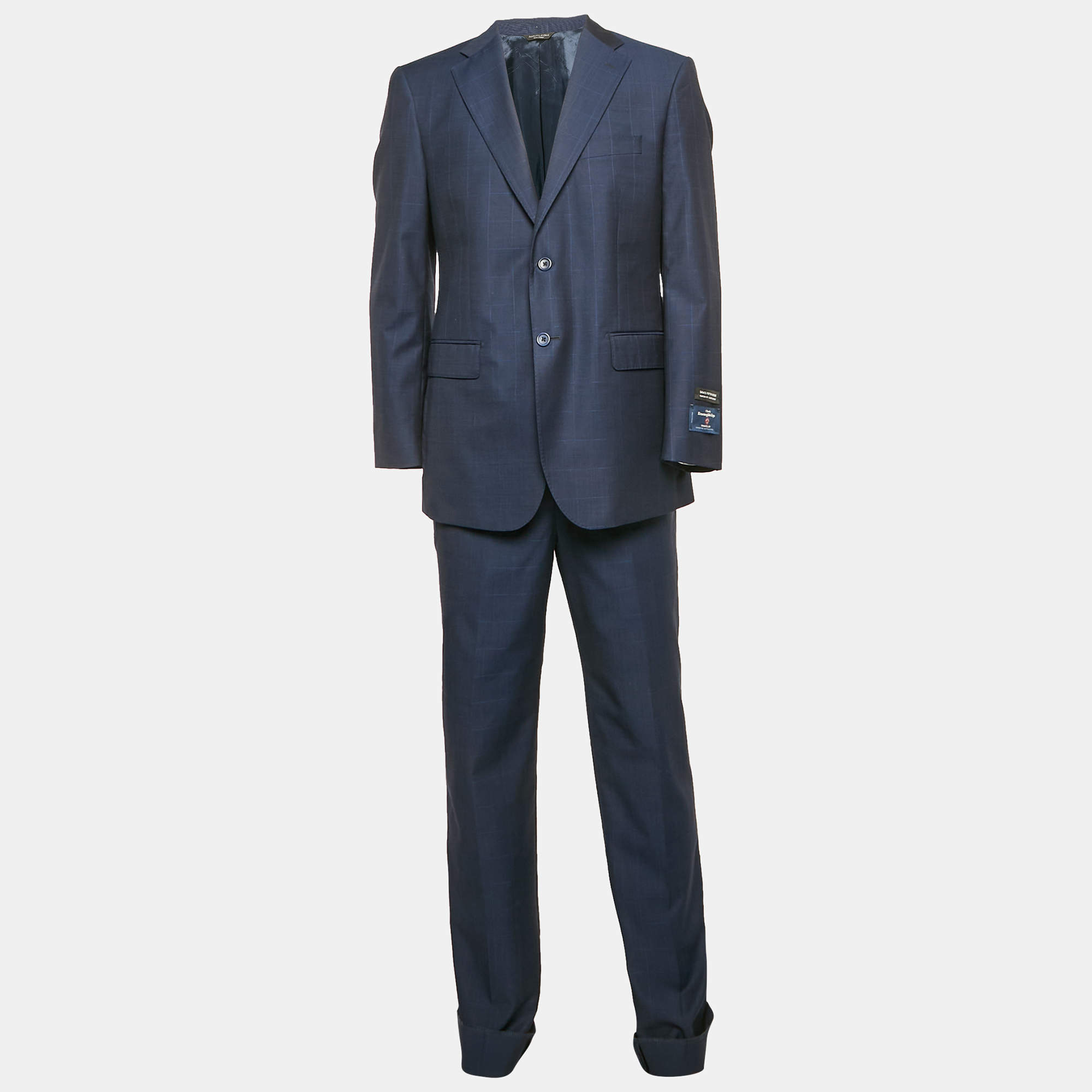Ermenegildo Zegna Navy Blue Plaid Wool Traveller Pants Suit L