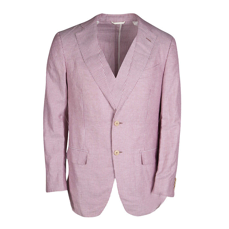 مملوكة مسبقًا جاكيت ايرمنيجيلدو زينيا ريسورت خليط كتان مخطط أبيض ووردي داكن L