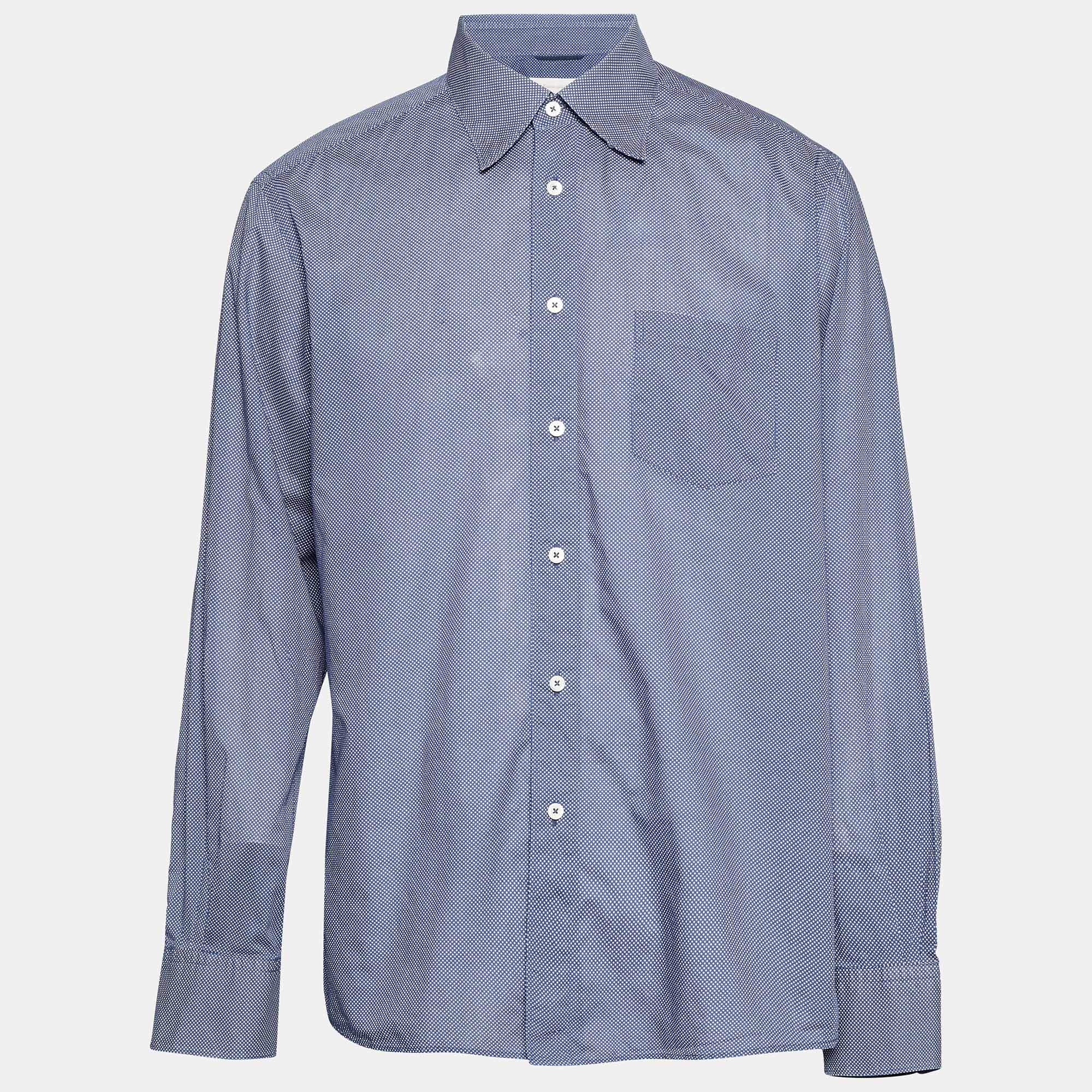 مملوكة مسبقًا قميص ايرمنيجيلدو زينيا قطن أزرق داكن بنقاط بولكا كم طويل مقاس ضخم جداً