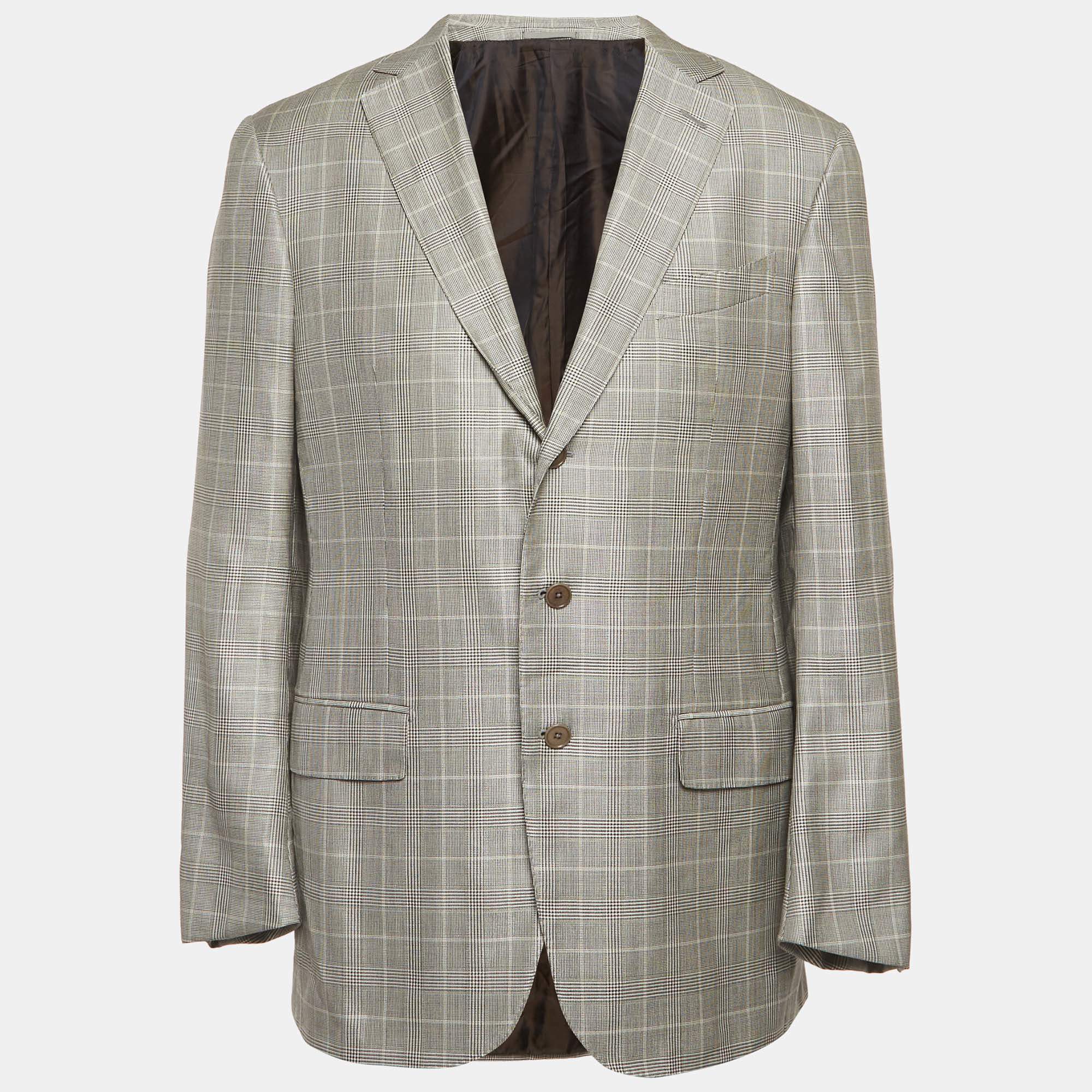 Pre Owned جاكيت بليزر إيرمنجلدو زينيا قصّة اعتيادية نمط رقعة الشطرنج أحادية اللون كبير جداً