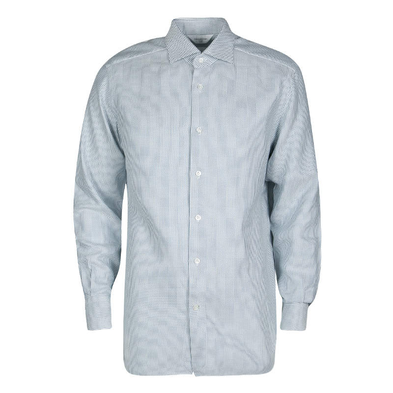 مملوكة مسبقًا Ermenegildo Zegna Couture Blue and White Patterned Cotton Long Sleeve Shirt XL