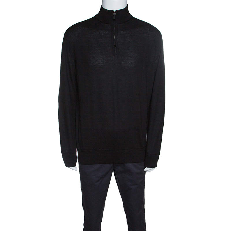Pre Owned Ermenegildo Zegna Black Knit Ribbed Trim Zip Detail Sweater XXL