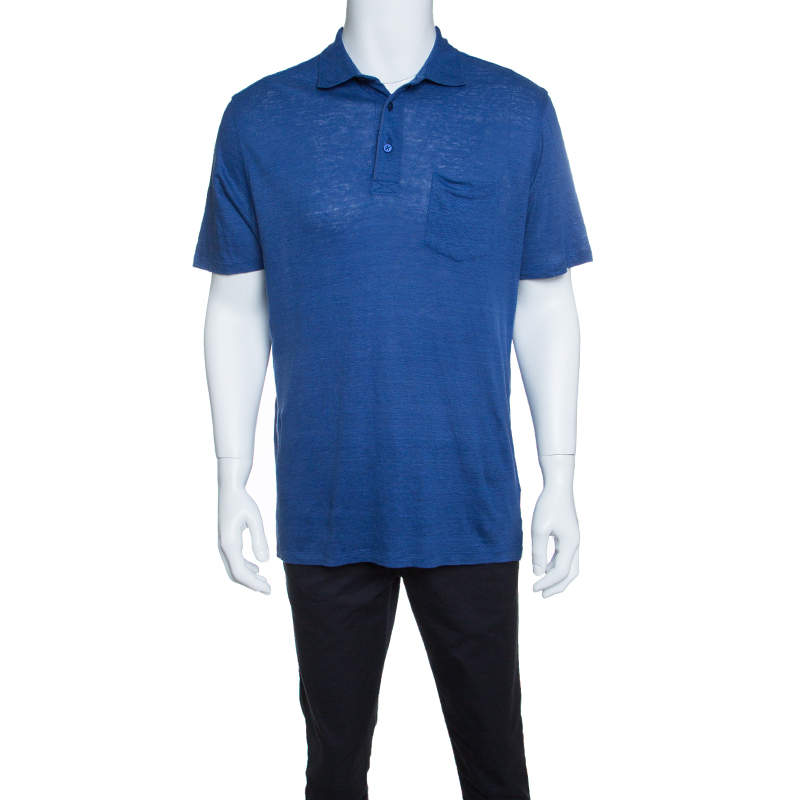 Pre Owned Ermenegildo Zegna Blue Slub Linen Short Sleeve Polo T-Shirt L