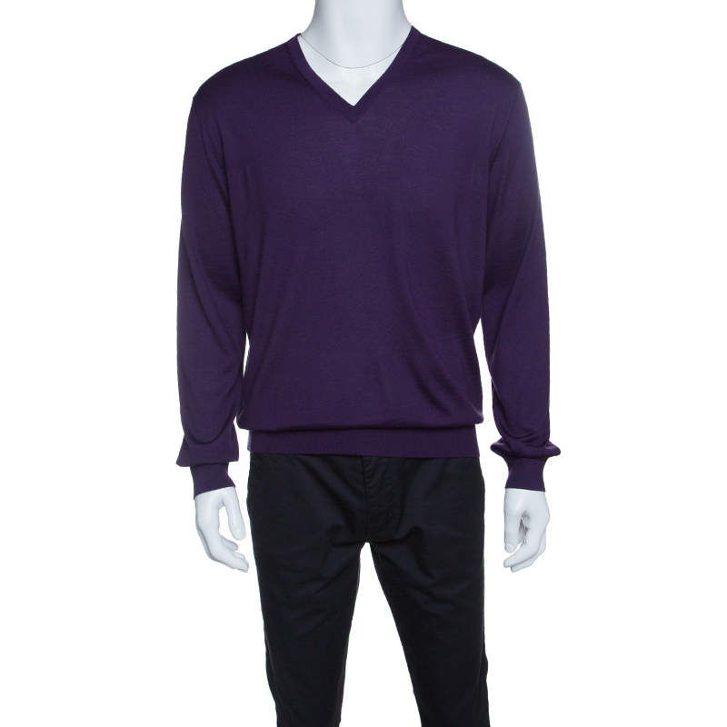 مملوكة مسبقًا Ermenegildo Zegna Purple Cashseta Light Ribbed Trim V-Neck Sweater L