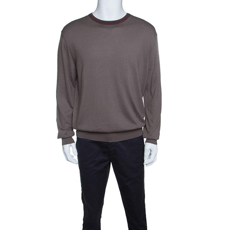 Pre Owned بلوفر إيرمنجليدو زينيا بني ورصاصي برقبة مستديرة متباينة XXL