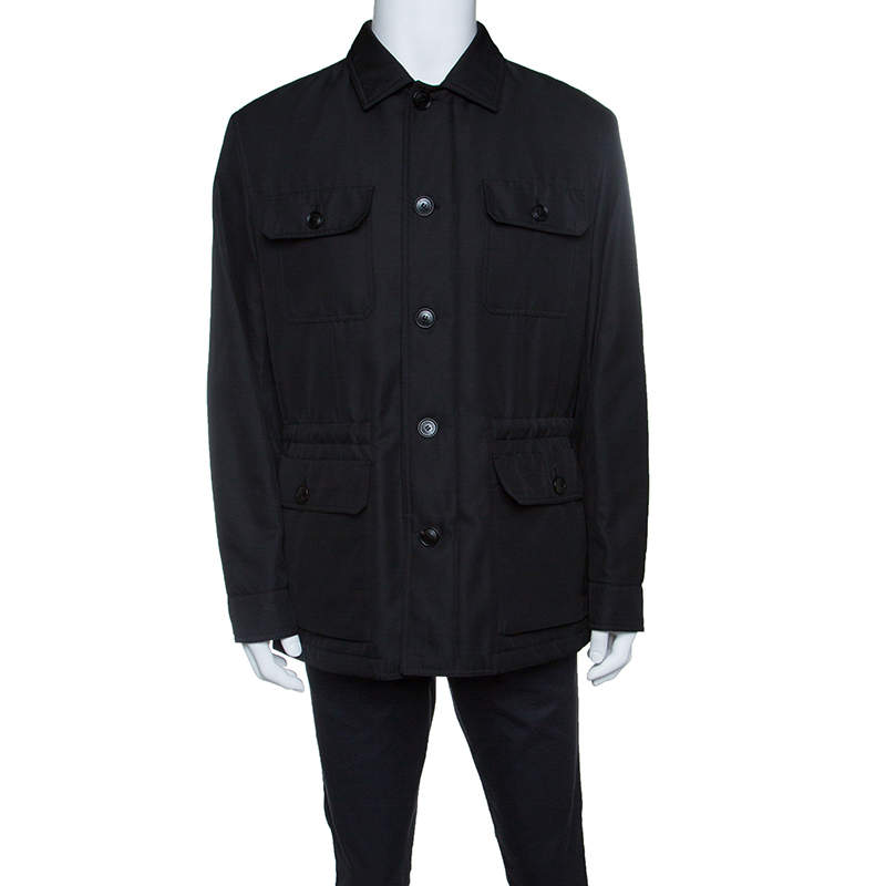Pre Owned جاكت ايرمنيجيلدو زينيا أزرار أمامية  تفاصيل جيب رقعة أسود XL