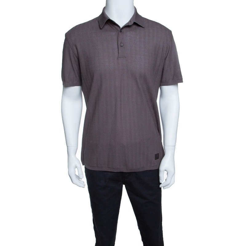 Pre Owned Ermenegildo Zegna for Maserati Grey Knit Herringbone Pattern Polo T-Shirt M