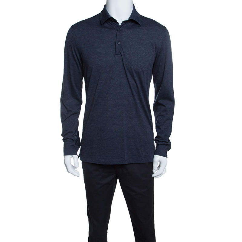 Pre Owned Ermenegildo Zegna Navy Blue Wool Cotton Knit long Sleeve Polo T-Shirt S