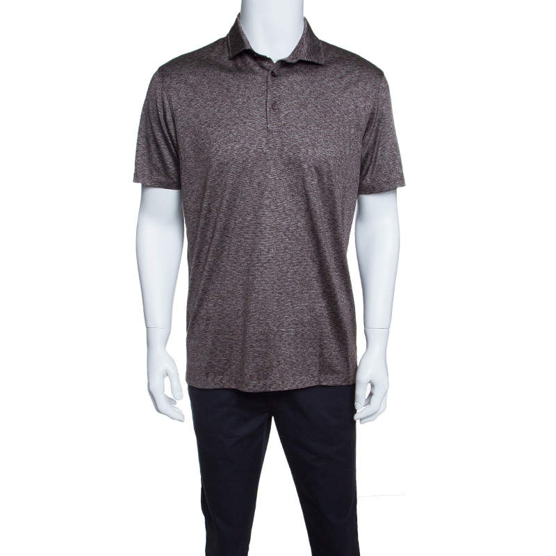 Pre Owned Ermenegildo Zegna Brown and White Silk Polo T-Shirt M