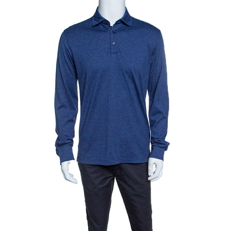 Ermenegildo Zegna Navy Blue Slub Jersey Long Sleeve Polo T-Shirt S ...
