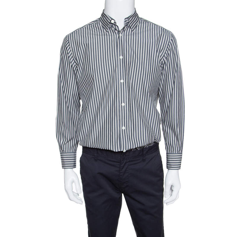 Ermenegildo Zegna Grey Striped Cotton Button Down Long Sleeve Shirt L ...